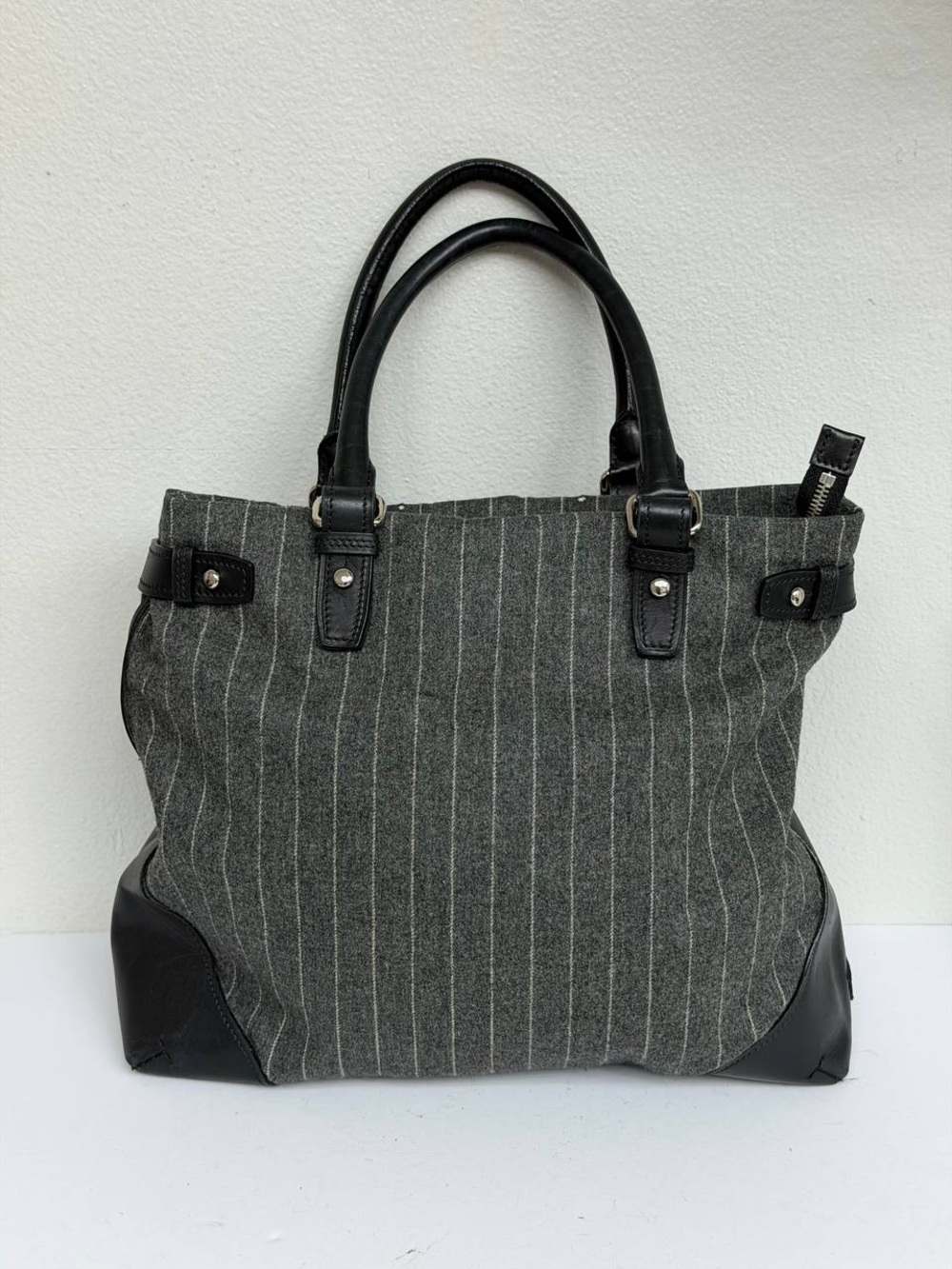 TUMI Gray Pinstripe Wool Leather Tote Handbag Made in Italy